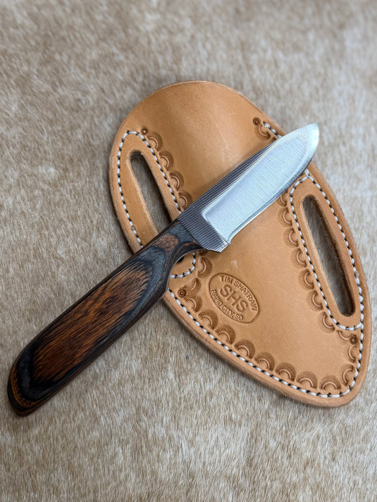 Sacred Heart Gray/Orange Wooden Handle Knife & Border Sheath - Left Draw