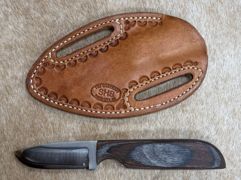 Load image into Gallery viewer, Sacred Heart Gray/Brown Wooden Handle Knife &amp; Border Sheath - Right Draw
