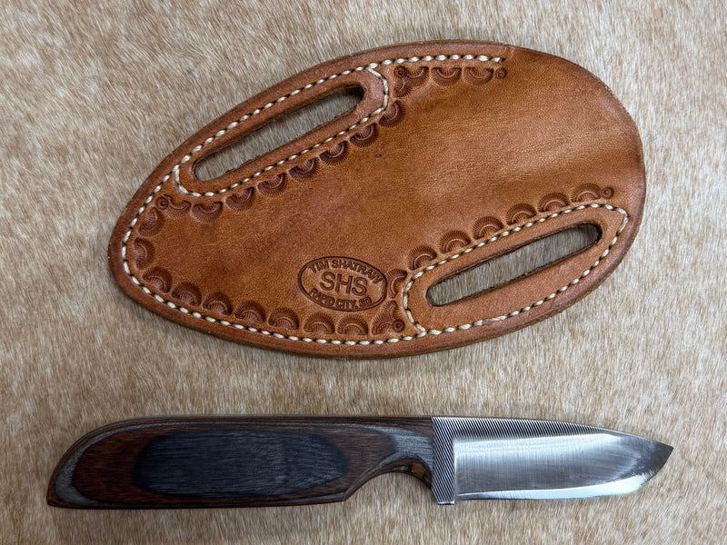 Load image into Gallery viewer, Sacred Heart Gray/Brown Wooden Handle Knife &amp; Border Sheath - Right Draw
