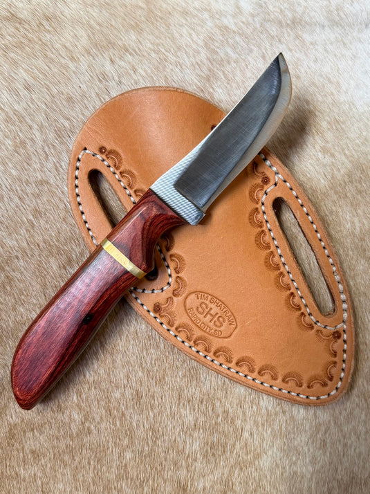 Sacred Heart Cherry & Gold Wooden Handle Knife & Border Sheath - Left Draw