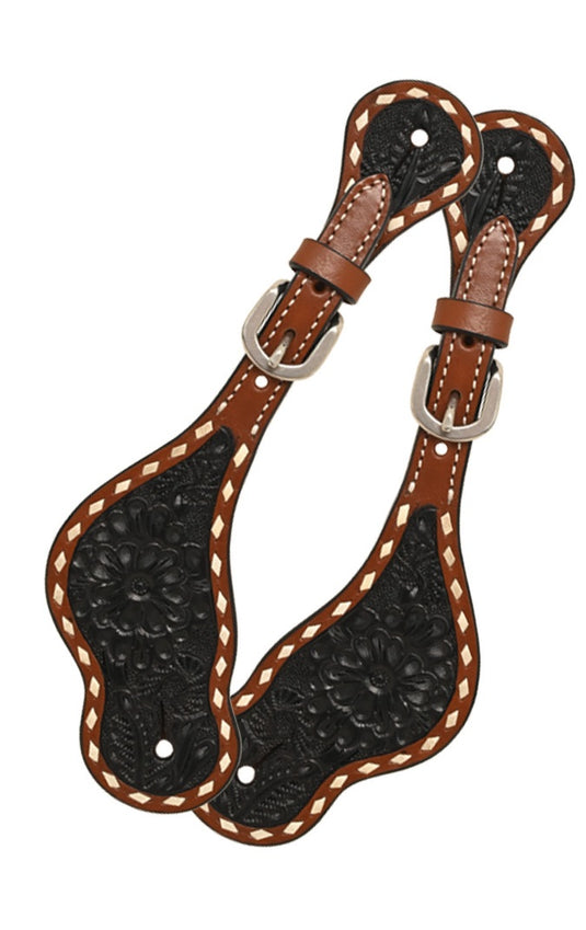 Rafter T Floral Tooled Black Wash Buckstitch Spur Straps - Womens