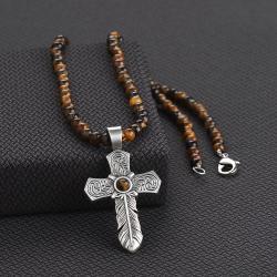 Silver Strike Tiger Eye Feather Cross Necklace
