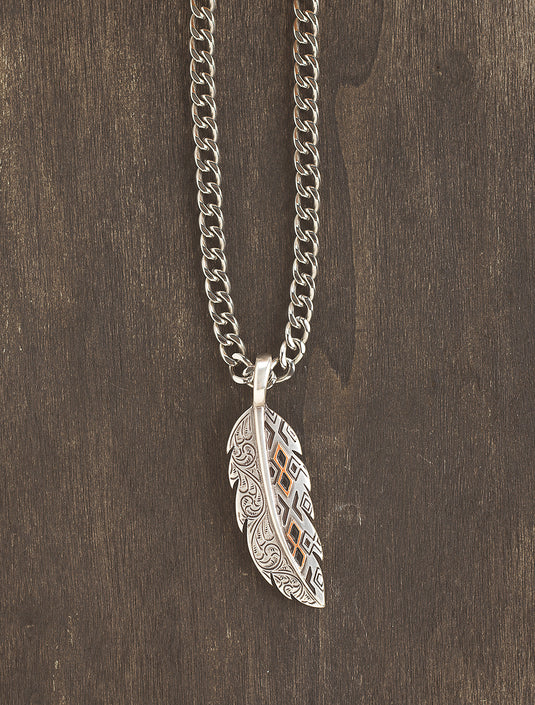 Silver Strike Engraved Feather Pendant Necklace