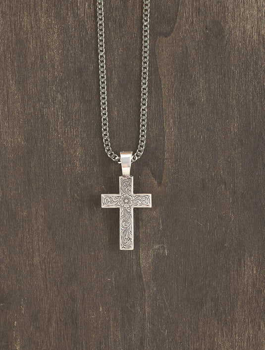 Twister Floral Engraved Cross Necklace