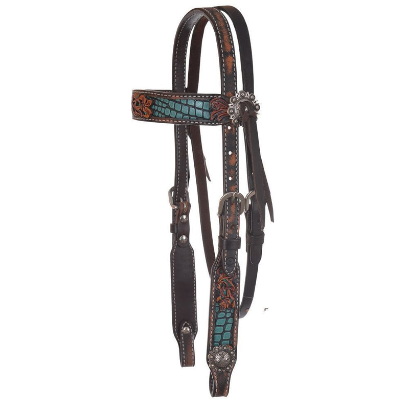 Load image into Gallery viewer, Filigree Turquoise Gator Browband Pony Headstall

