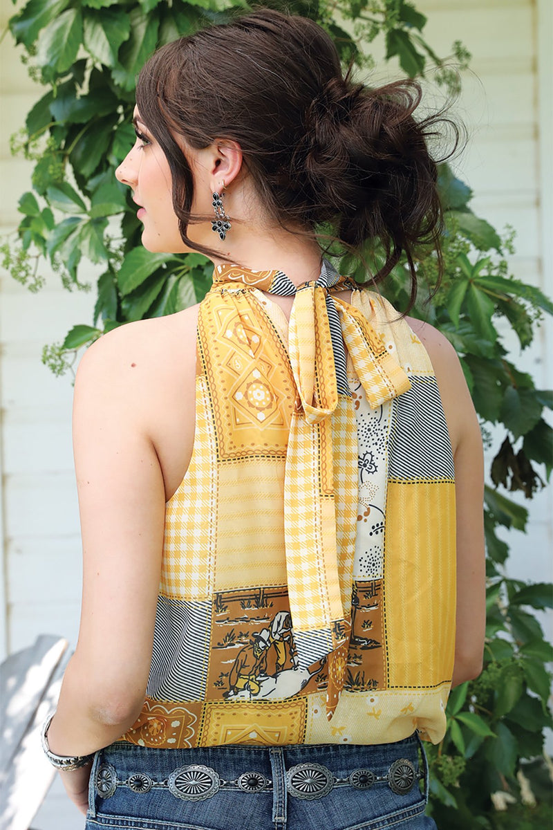Load image into Gallery viewer, Cruel Womens Quilt Print Halter Top Blouse - Yellow
