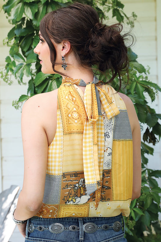 Cruel Womens Quilt Print Holter Top Blouse - Yellow