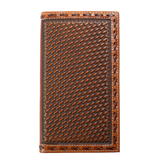 3D Hand Tooled Floral Basket Weave Tri-Fold Rodeo Wallet - Brown