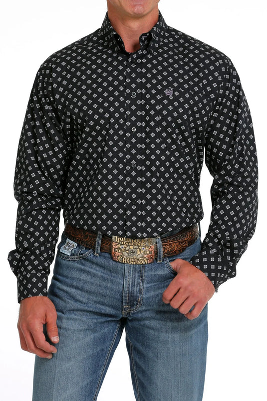 Cinch Mens Long Sleeve Geometric Diamond Print Shirt - Black