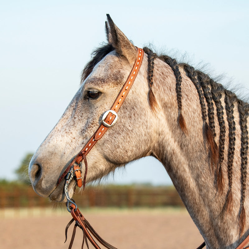 Load image into Gallery viewer, Martin Ranahan Roughout Chestnut Skirting Buckstitch Stamped Split Ear Headstall
