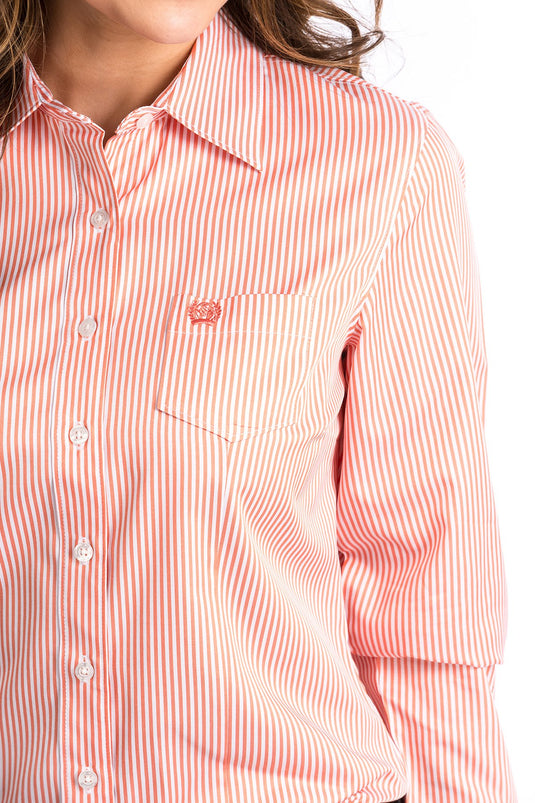 Cinch Womens TENCEL Long Sleeve Stripe Shirt - Coral