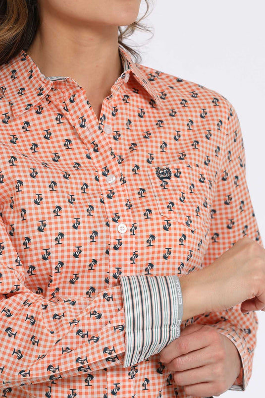 Cinch Womens Long Sleeve Palm Tree Print Shirt - Orange