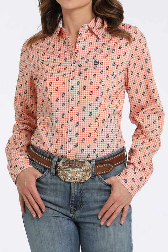 Cinch Womens Long Sleeve Palm Tree Print Shirt - Orange