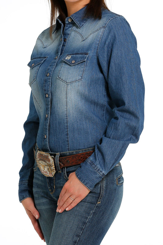 Cinch Womens Long Sleeve Marble Snap Denim Shirt - Indigo