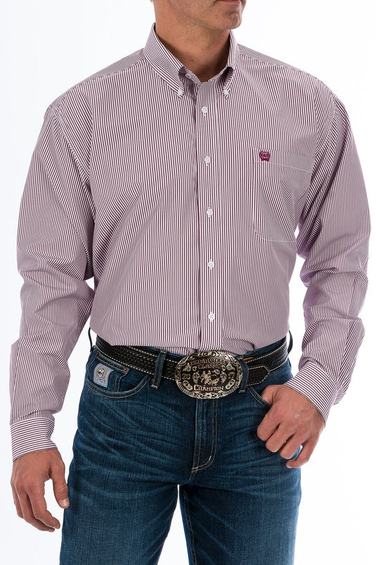 Cinch Mens TENCEL Long Sleeve Stripe Shirt - Burgundy