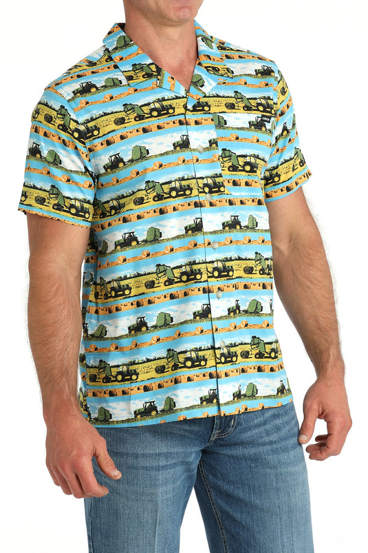 Cinch Mens Short Sleeve Hayin' Season Print Camp Shirt - Blue