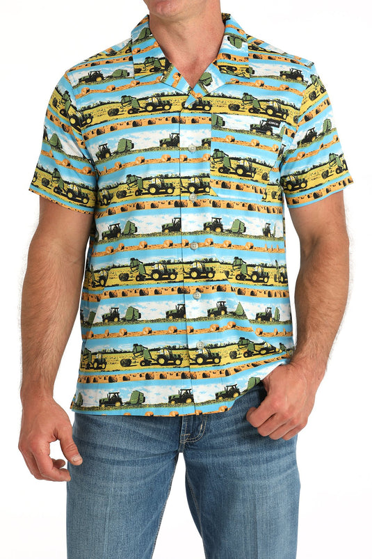Cinch Mens Short Sleeve Hayin' Season Print Camp Shirt - Blue