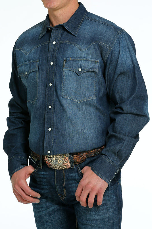 Cinch Mens Long Sleeve Marble Snap Denim Shirt - Dark Stonewash