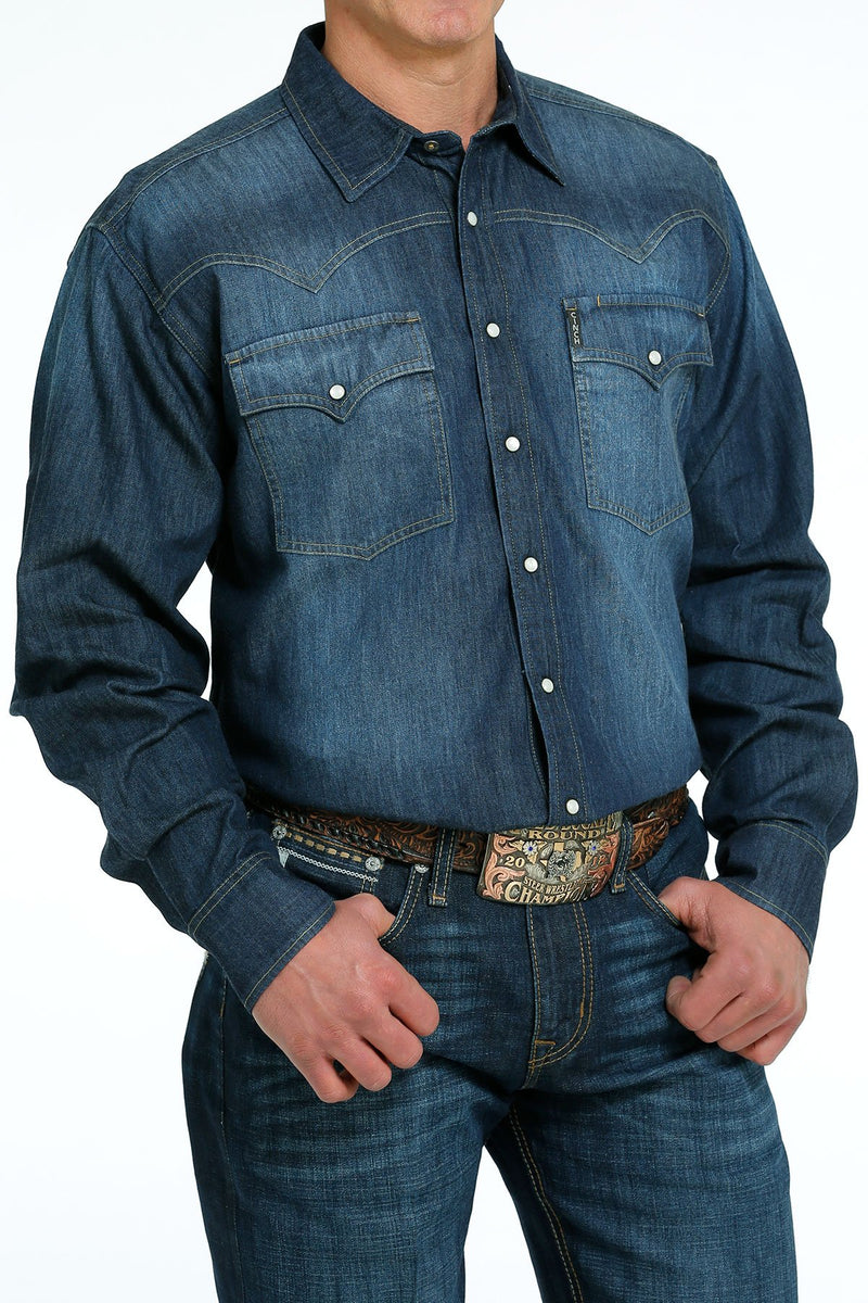 Load image into Gallery viewer, Cinch Mens Long Sleeve Marble Snap Denim Shirt - Dark Stonewash
