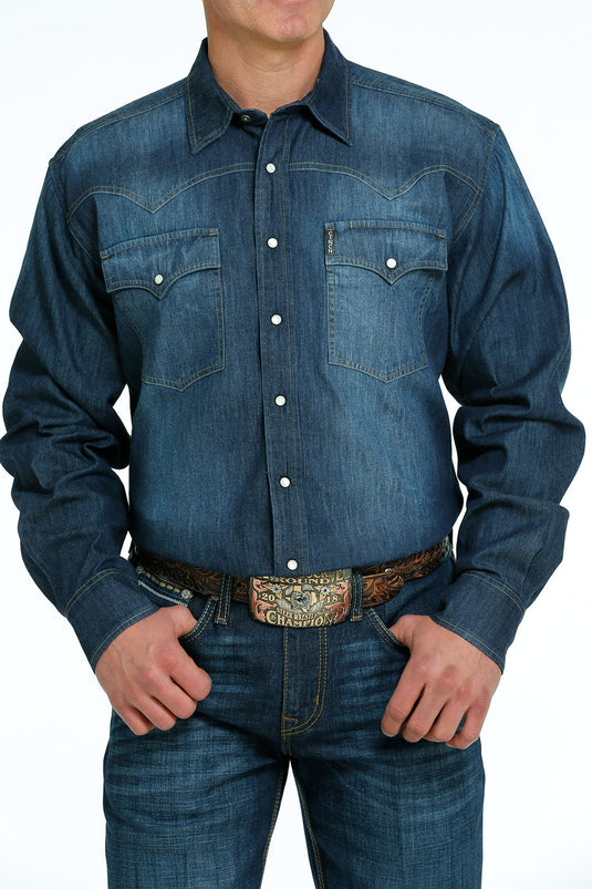 Cinch Mens Long Sleeve Marble Snap Denim Shirt - Dark Stonewash