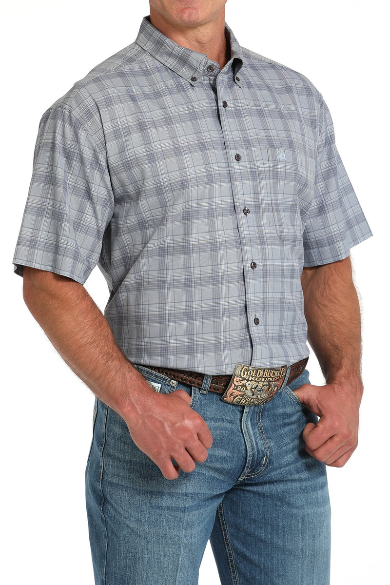 Load image into Gallery viewer, Cinch Mens ARENAFLEX Short Sleeve Plaid Print Shirt - Gray
