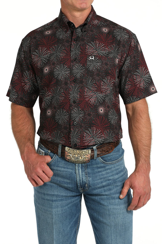 Cinch Mens ARENAFLEX Short Sleeve Firework Print Shirt - Black