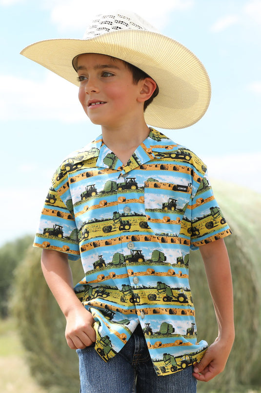 Cinch Boys Short Sleeve Hayin' Season Camp Shirt - Blue
